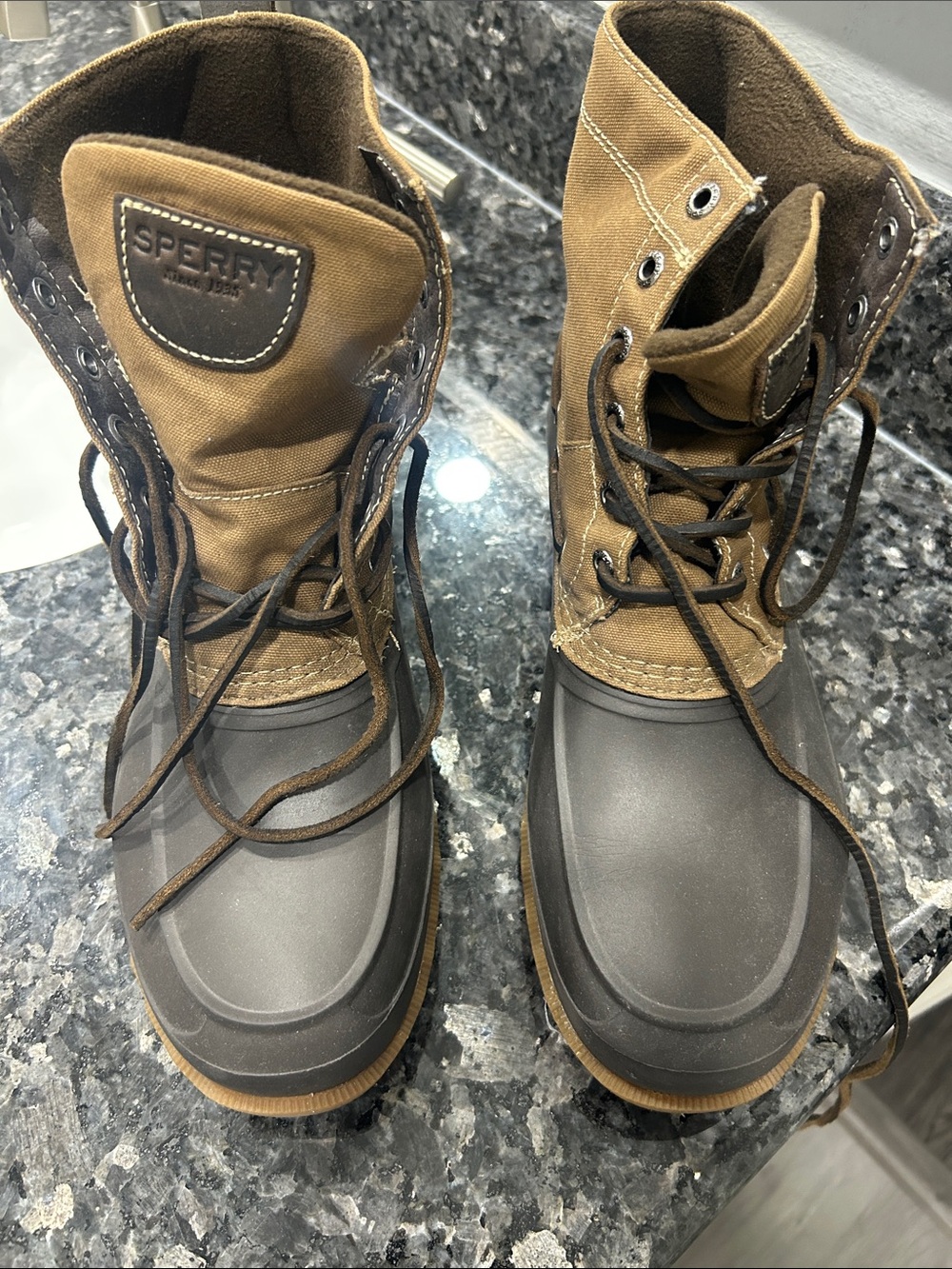 Sperry Two-Tone Waterproof Lace-Up Men’s Duck Boots in Tan and Dark Brown